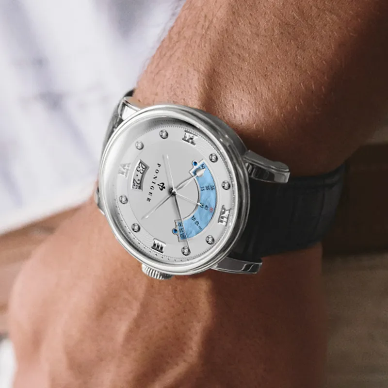 PONIGER Trident Watch Fashion Business Automatic Mechanical Movement Genuine Leather Strap Men's Watches White Dial-3
