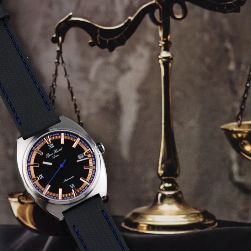 BJORN HENDAL Pino Collection Wrist Watch Automatic Mechanical Movement Rubber Band Strap Black Dial Unisex A02SA1R1-3