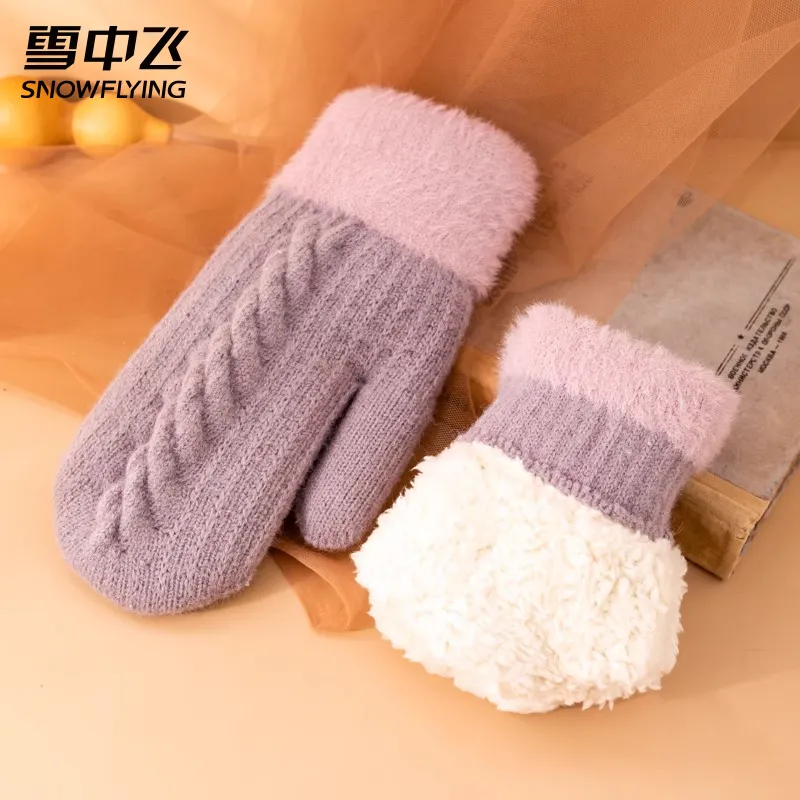 SNOW FLYING Camel Wool Knit Gloves Women's-17