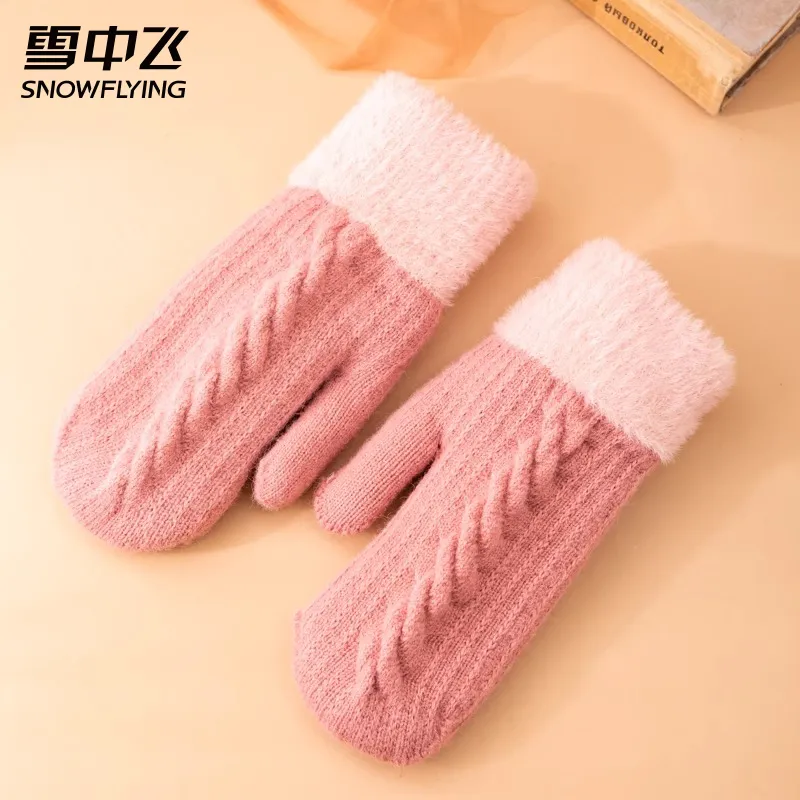 SNOW FLYING Camel Wool Knit Gloves Women's-5