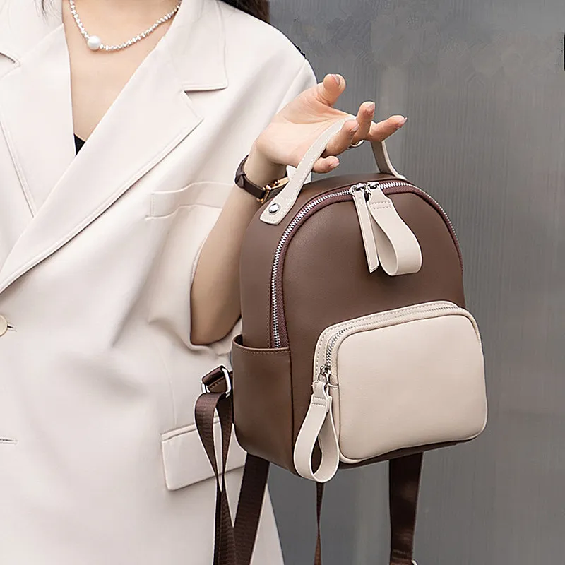NIUMJ Cow Leather Small Backpack Regular Women's Coffee & White, Apricot & Coffee, Black, Beige Coffee-2