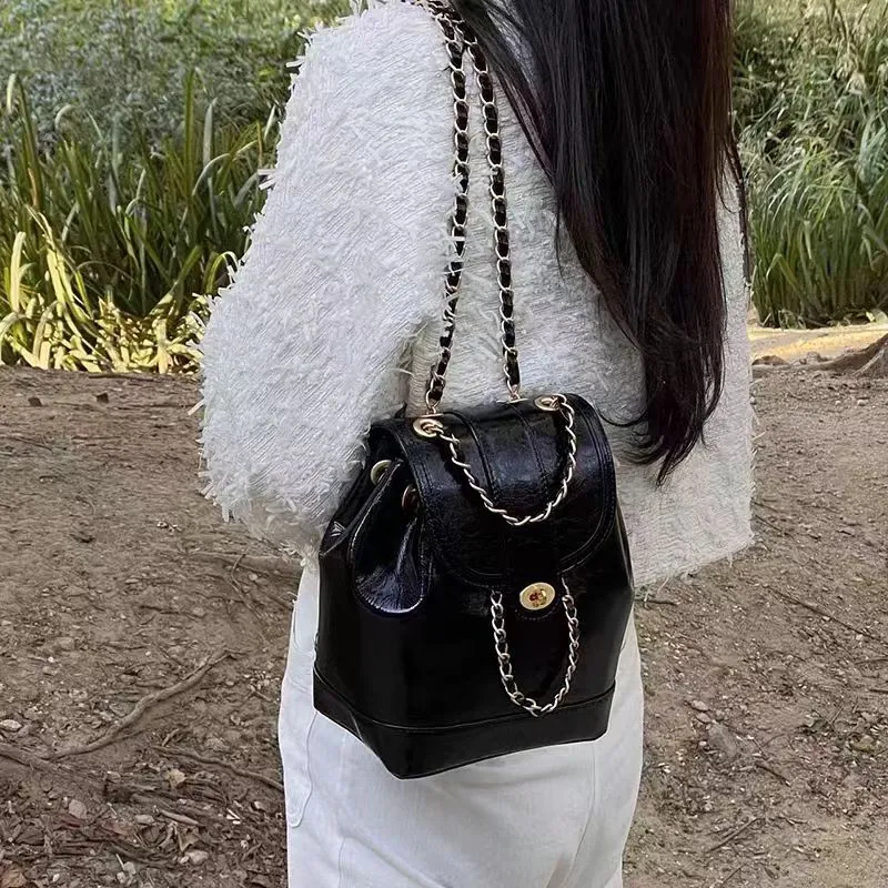 NIUMJ PU Waxed Leather Backpack Shoulder Bag Regular Women's Black-3