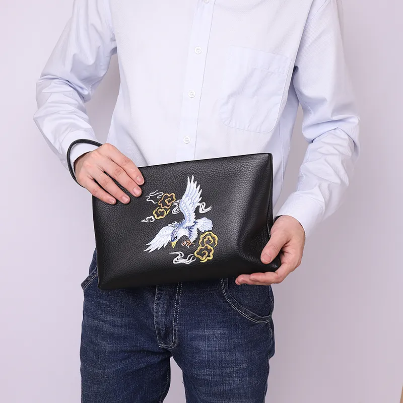 NIUMJ Top Grain Cow Leather Clutch Regular Men's Black Chinese Style-3