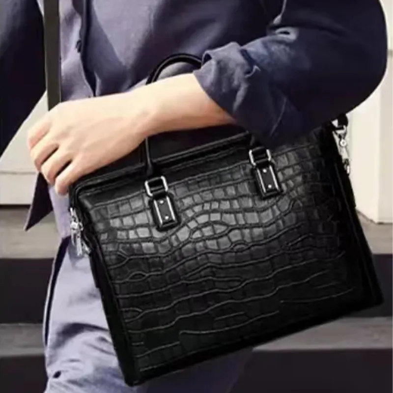 NIUMJ Top Grain Cow Leather Briefcase Crossbody Bag Laptop Bag Handbag Regular Men's Black-5
