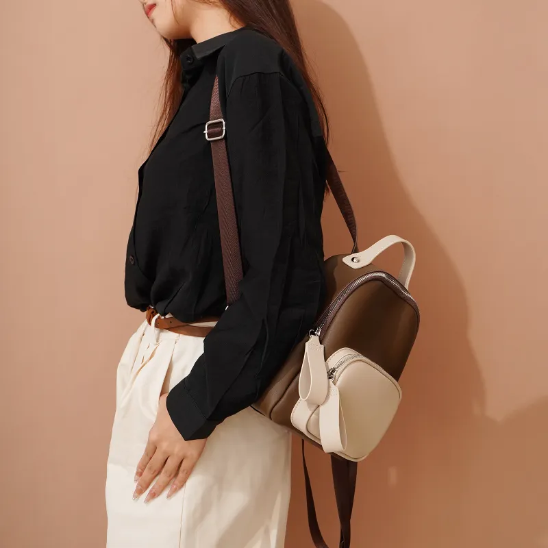 NIUMJ Cow Leather Small Backpack Regular Women's Coffee & White, Apricot & Coffee, Black, Beige Coffee-1