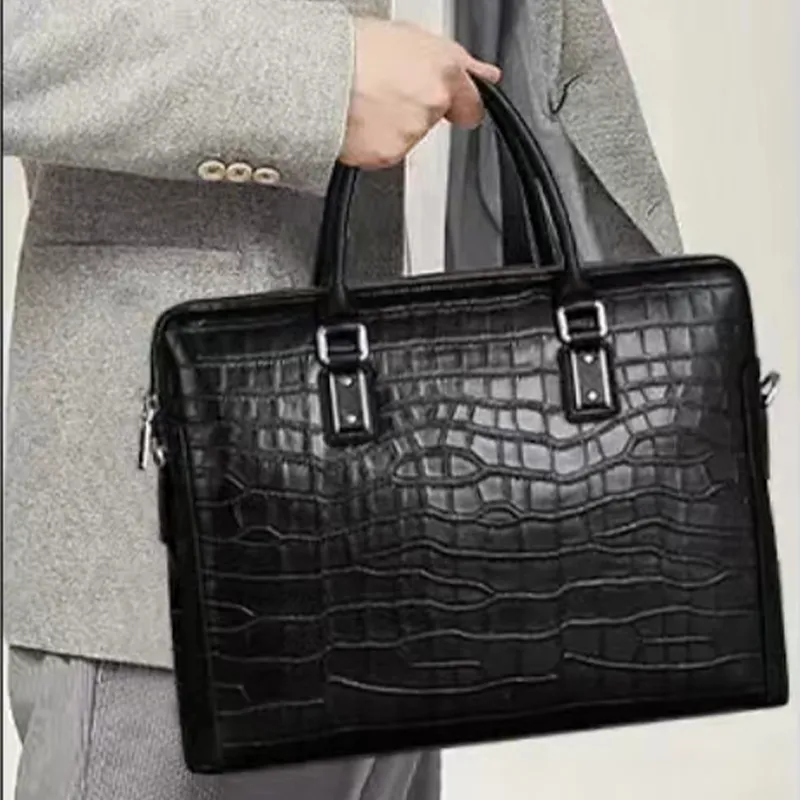 NIUMJ Top Grain Cow Leather Briefcase Crossbody Bag Laptop Bag Handbag Regular Men's Black-6