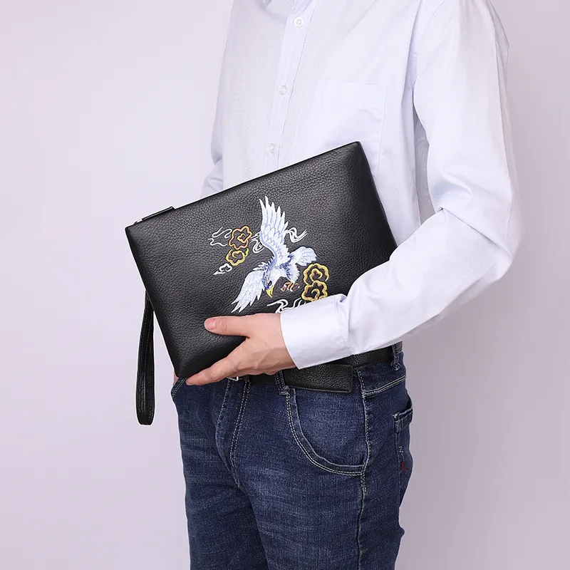 NIUMJ Top Grain Cow Leather Clutch Regular Men's Black Chinese Style-2