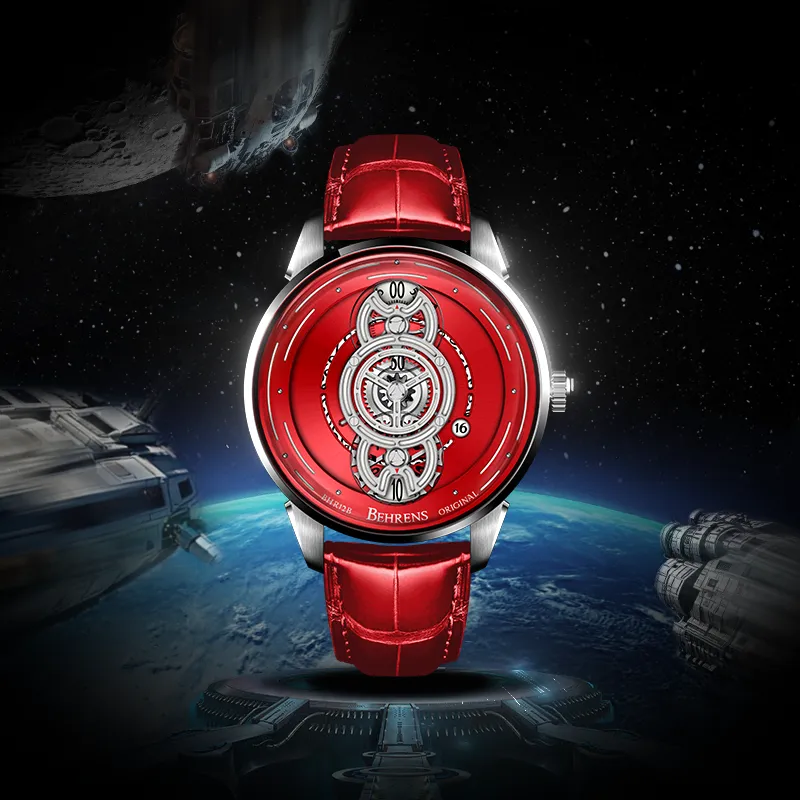 BEHRENS Original Collection Automatic Mechanical Movement Genuine Leather Strap Watch Unisex Red Watch Dial-5