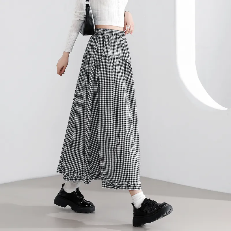 FAWENXIANGZI Casual Long Skirt Women's Black White Plaid-2