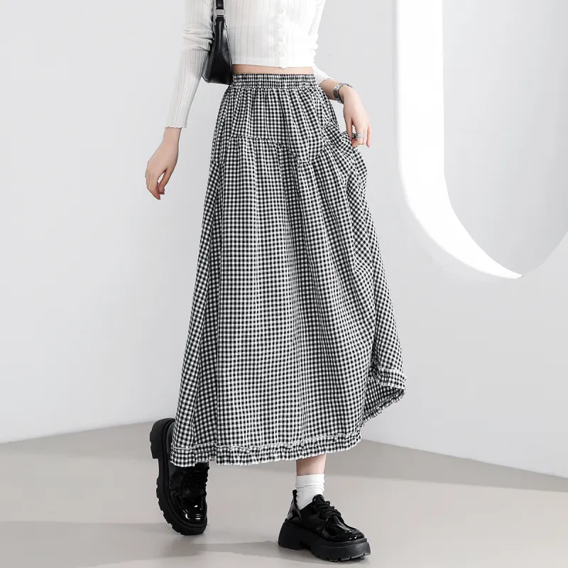FAWENXIANGZI Casual Long Skirt Women's Black White Plaid-1