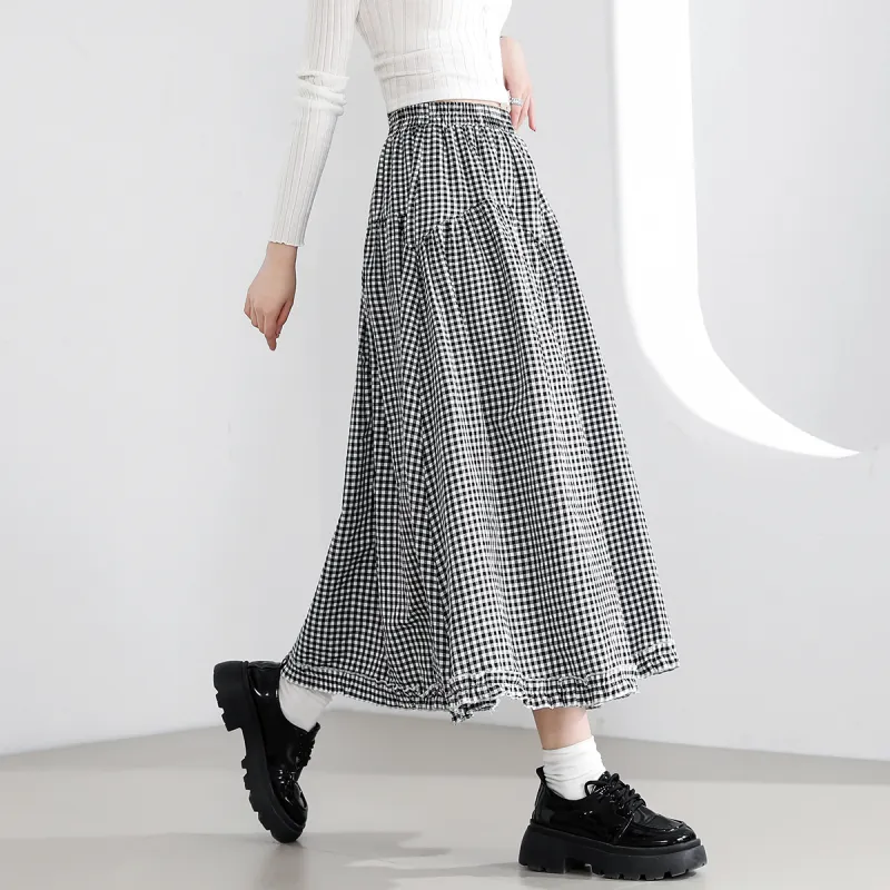 FAWENXIANGZI Casual Long Skirt Women's Black White Plaid-3