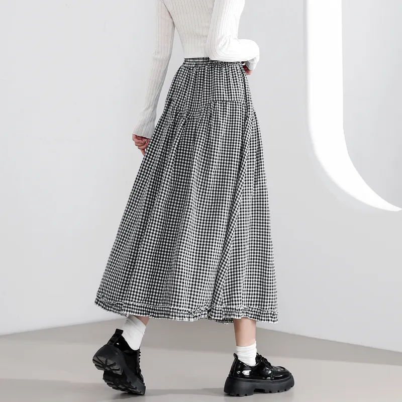 FAWENXIANGZI Casual Long Skirt Women's Black White Plaid-4