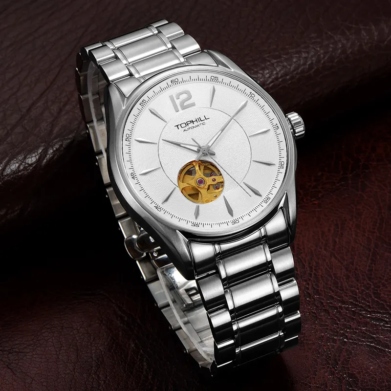 TOPHILL Automatic Mechanical Movement Stainless Steel Strap Watch Men's Watches White Dial-3