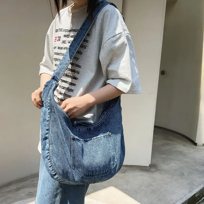 Alcohol Dragon Denim Shoulder Bag Women's Black/Dark Blue/Light Blue-18