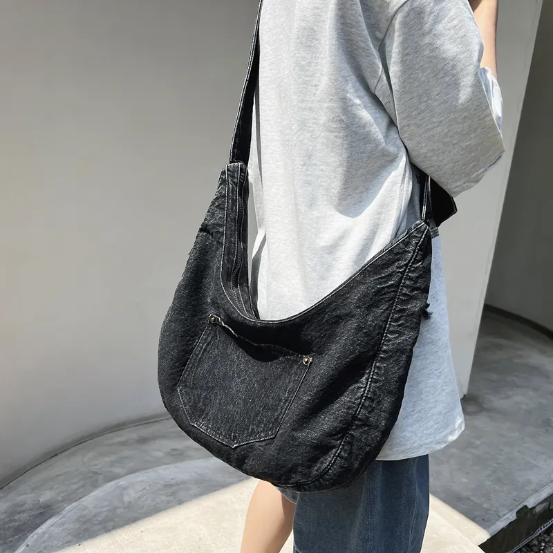 Alcohol Dragon Denim Shoulder Bag Women's Black/Dark Blue/Light Blue-2