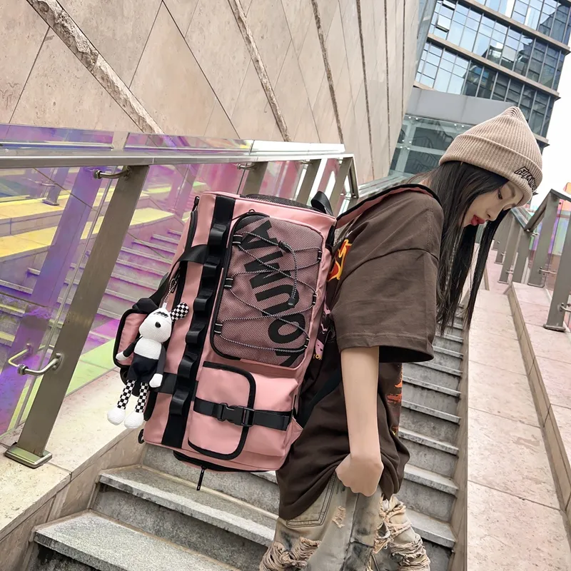 HCXK Nylon Large Capacity Handbag, Shoulder Bag Regular Unisex Black/Pink/Ecru-69