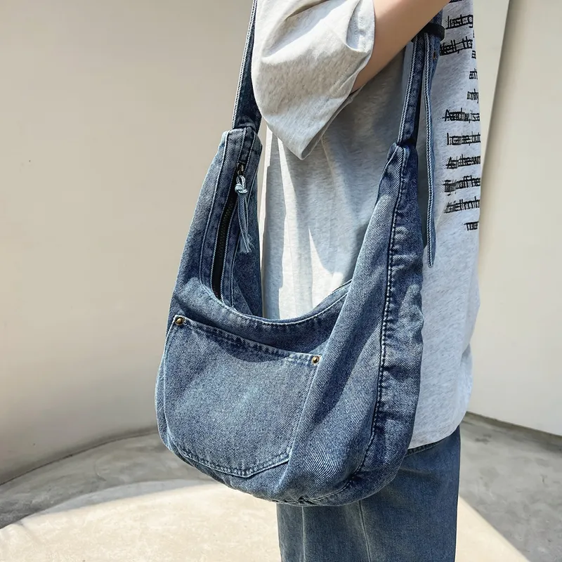 Alcohol Dragon Denim Shoulder Bag Women's Black/Dark Blue/Light Blue-23