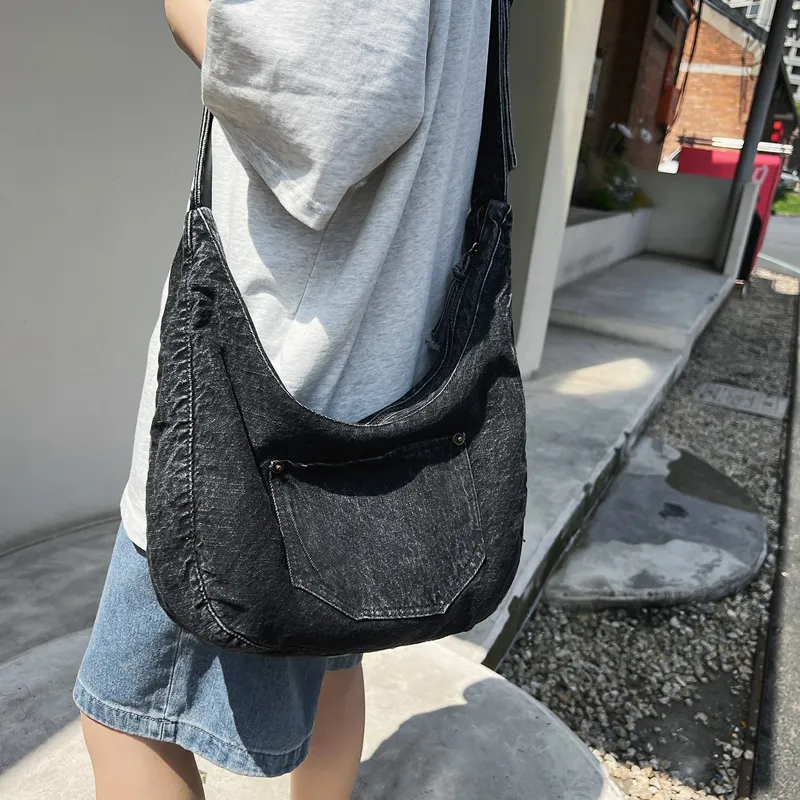 Alcohol Dragon Denim Shoulder Bag Women's Black/Dark Blue/Light Blue-3