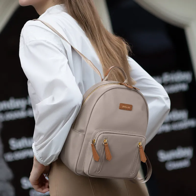 POLO Fabric Graduation Travel Backpack Medium Size Women's Ecru & Apricot/Gray & Brown-9