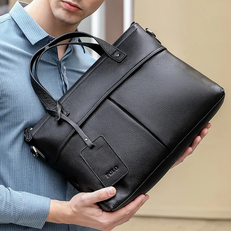 POLO Top Grain Cow Leather Shoulder Bag, Crossbody Bag, Men's Briefcase Medium Size Men's Black-4
