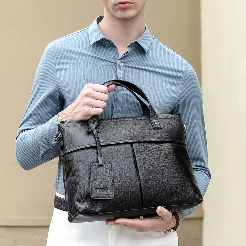 POLO Top Grain Cow Leather Shoulder Bag, Crossbody Bag, Men's Briefcase Medium Size Men's Black-2