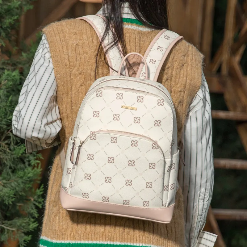POLO PVC With Synthetic Leather Backpack Medium Size Women's Coffee/Gray/Beige Yellow-6
