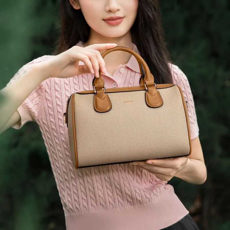 POLO Fabric Shoulder Bag Medium Size Women's Apricot/Yellow Brown-4