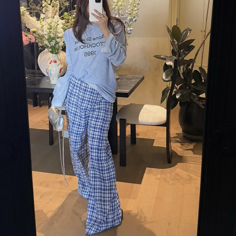 Pa33word Casual Pants Women's Blue Plaid-3