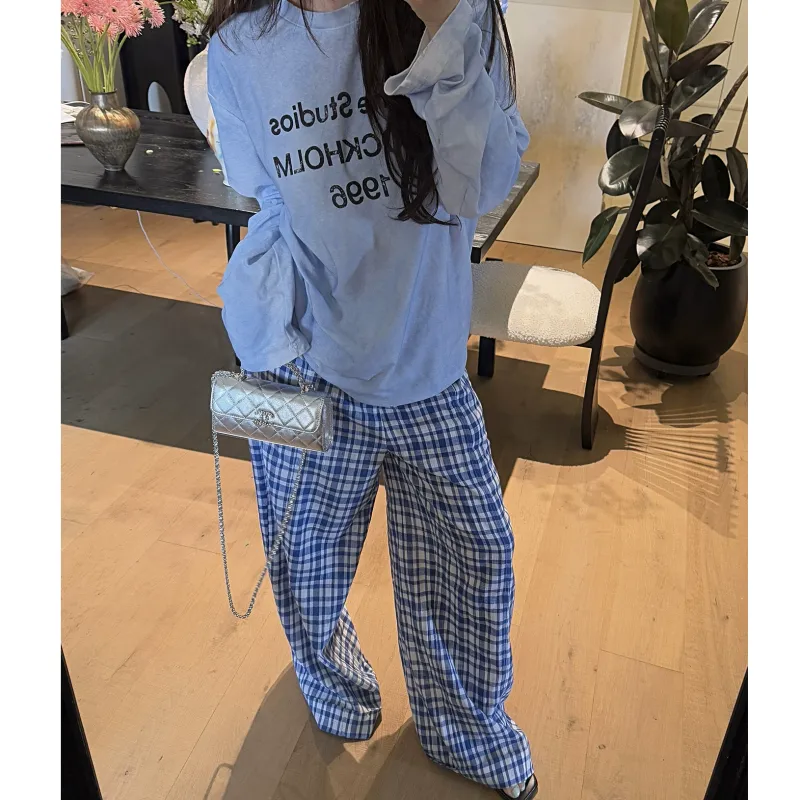 Pa33word Casual Pants Women's Blue Plaid-6