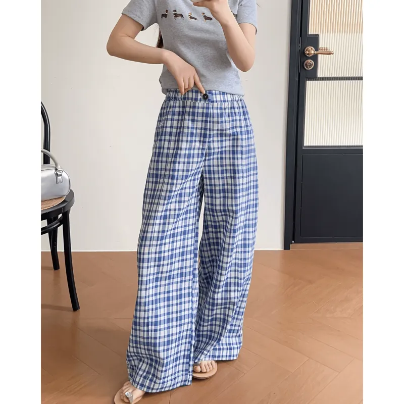Pa33word Casual Pants Women's Blue Plaid-4