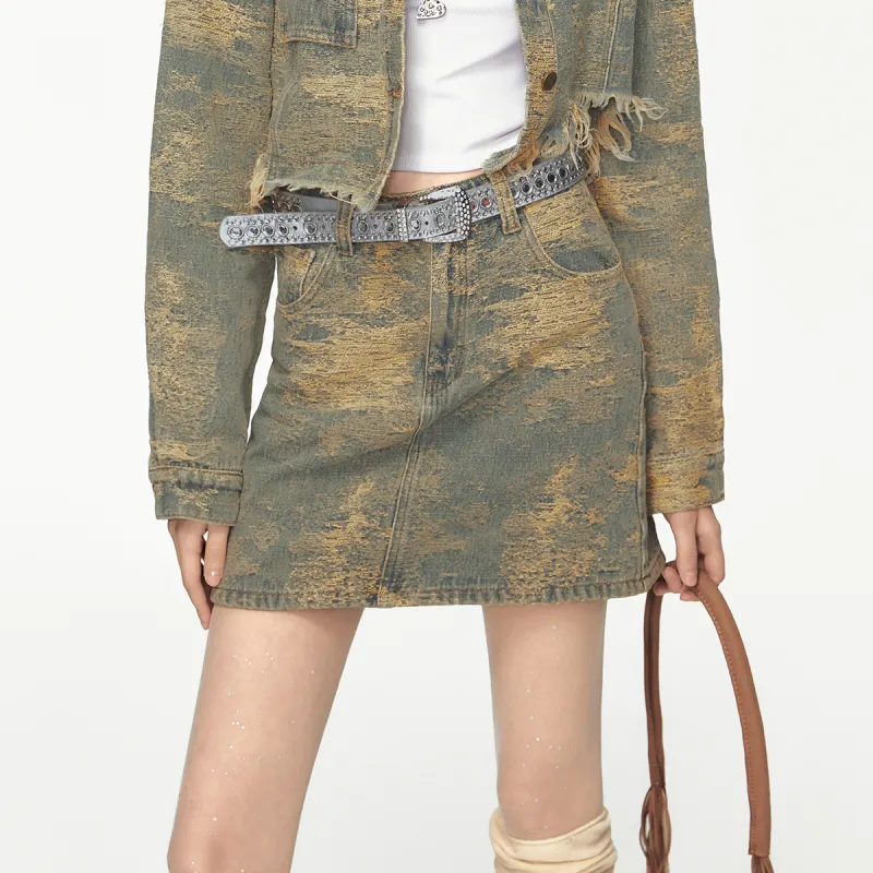 MEETLADY Casual Short Skirts Women's Washed Denim Yellow-4
