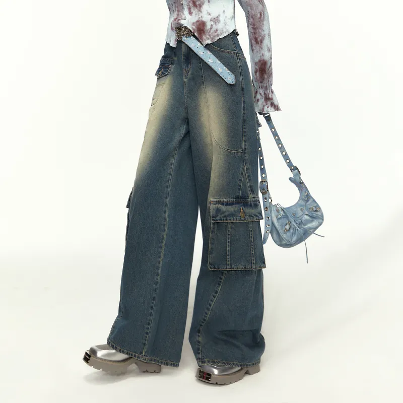MEETLADY Jeans Women's Washed Denim Blue-2