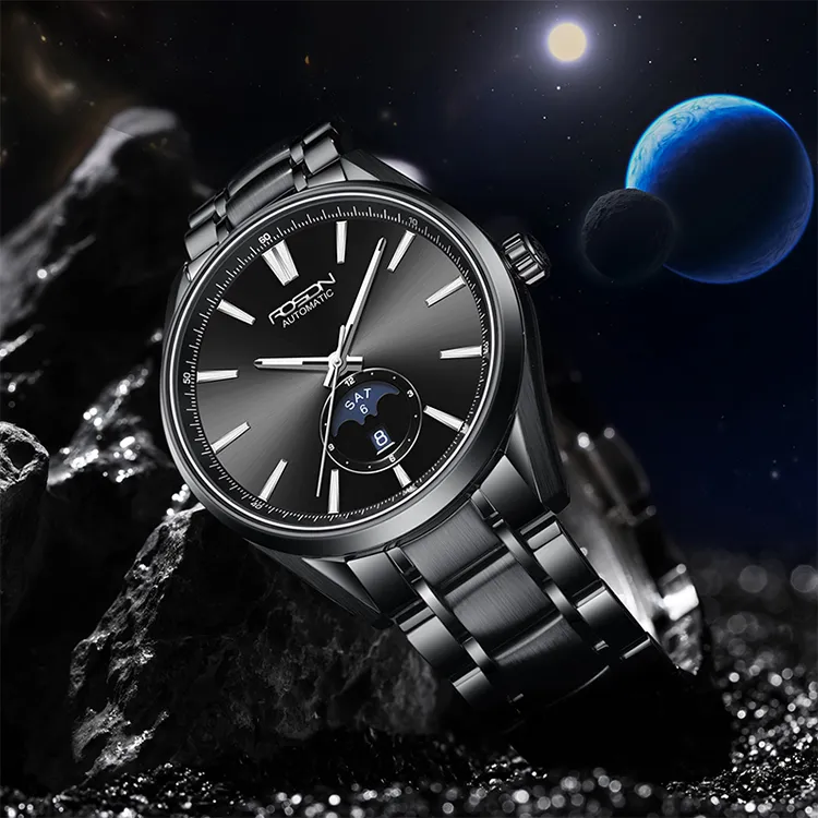 ROSDN Mechanical Movement Stainless Steel Watchband Watch Men's Watches Black Dial-2