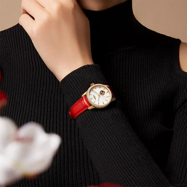 ROSDN Four Leaf Clover Collection Mechanical Movement Cow Leather Strap Watch Women's Watch White Dial-8