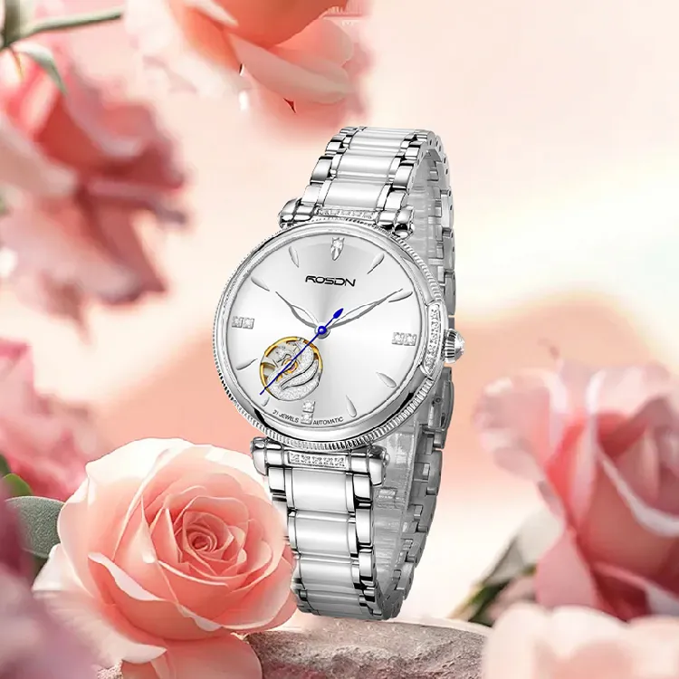 ROSDN Crown Collection Mechanical Movement Stainless Steel Watchband Watch Unisex White Dial-4