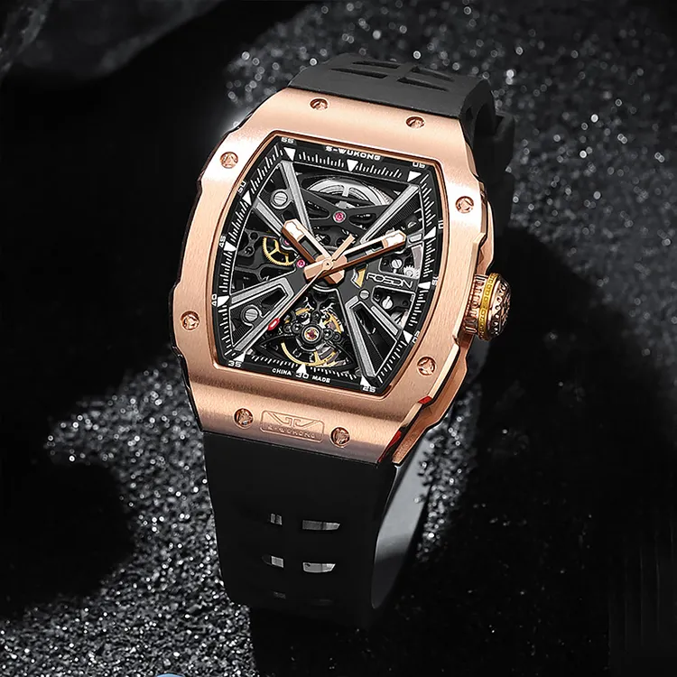 ROSDN Trendy And Cool Men's Watch Mechanical Movement Fluoroelastomer Strap Watch Men's Watches Black Dial-16