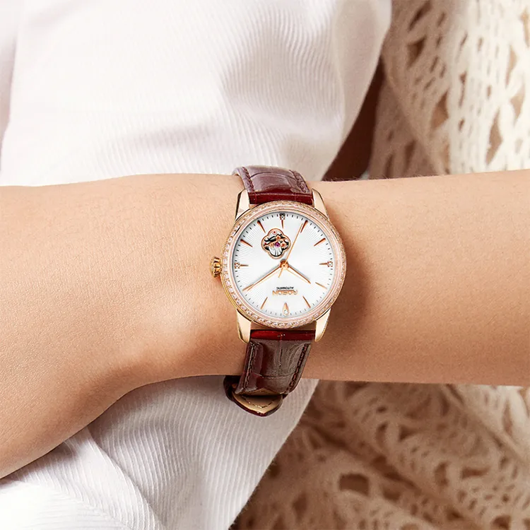 ROSDN Four Leaf Clover Collection Mechanical Movement Cow Leather Strap Watch Women's Watch White Dial-2