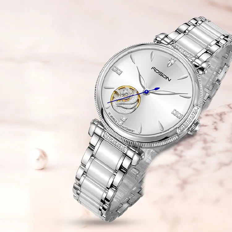 ROSDN Crown Collection Mechanical Movement Stainless Steel Watchband Watch Unisex White Dial-3
