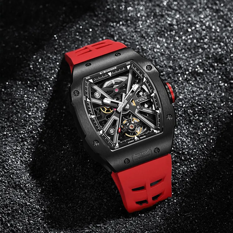 ROSDN Trendy And Cool Men's Watch Mechanical Movement Fluoroelastomer Strap Watch Men's Watches Black Dial-4