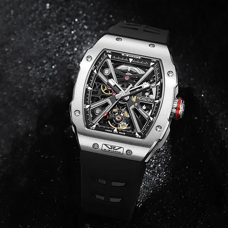 ROSDN Trendy And Cool Men's Watch Mechanical Movement Fluoroelastomer Strap Watch Men's Watches Black Dial-12