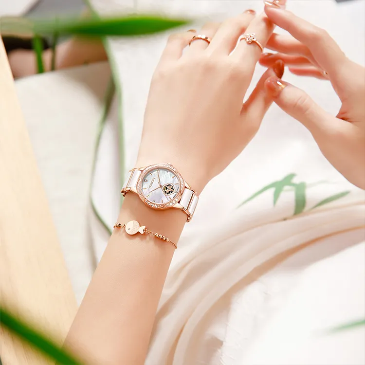 ROSDN Mechanical Movement Ceramic Strap Watch Women's Watch Mother of Pearl Color Watch Dial-3