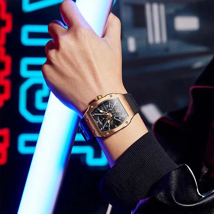ROSDN Trendy And Cool Men's Watch Mechanical Movement Fluoroelastomer Strap Watch Men's Watches Black Dial-15