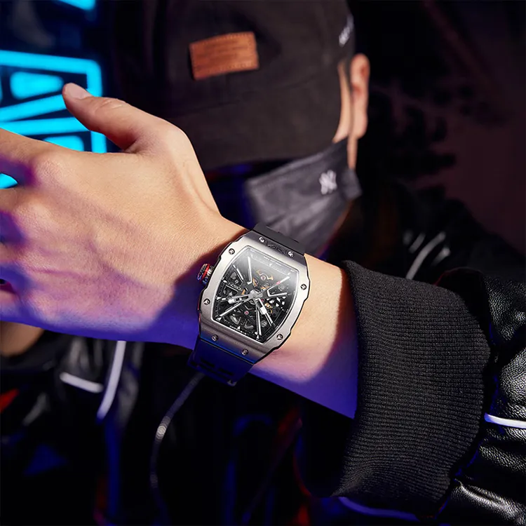 ROSDN Trendy And Cool Men's Watch Mechanical Movement Fluoroelastomer Strap Watch Men's Watches Black Dial-8