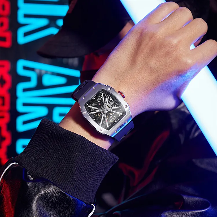ROSDN Trendy And Cool Men's Watch Mechanical Movement Fluoroelastomer Strap Watch Men's Watches Black Dial-9