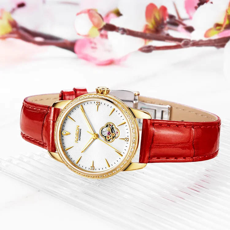 ROSDN Four Leaf Clover Collection Mechanical Movement Cow Leather Strap Watch Women's Watch White Dial-7
