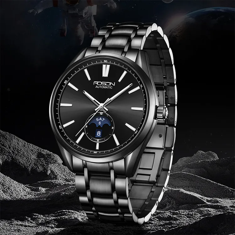 ROSDN Mechanical Movement Stainless Steel Watchband Watch Men's Watches Black Dial-4