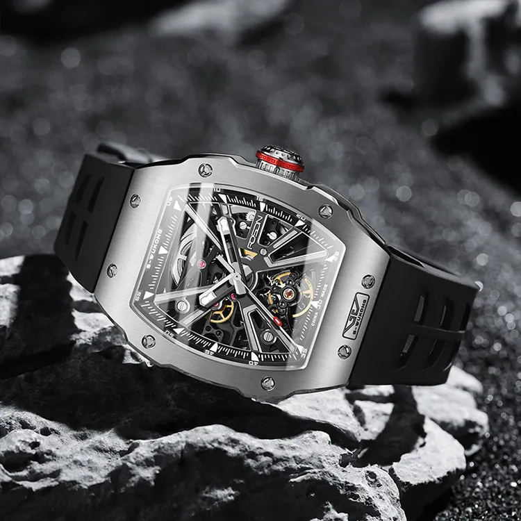 ROSDN Trendy And Cool Men's Watch Mechanical Movement Fluoroelastomer Strap Watch Men's Watches Black Dial-11