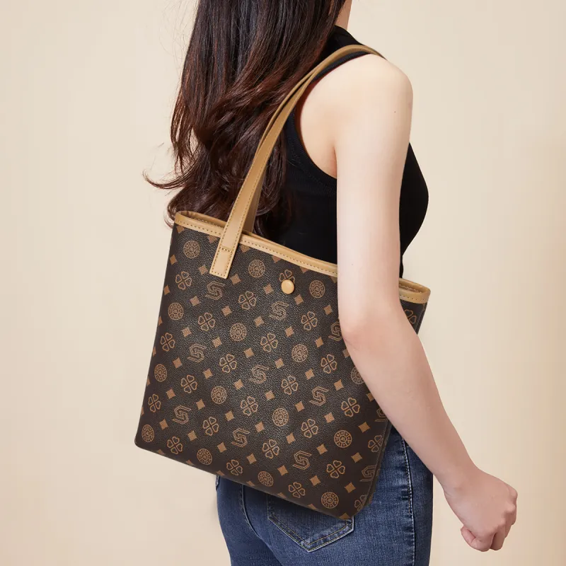ST&SAT Synthetic Leather Tote Bag, Shopping Bag, Shoulder Bag Women's Coffee/Ecru-4