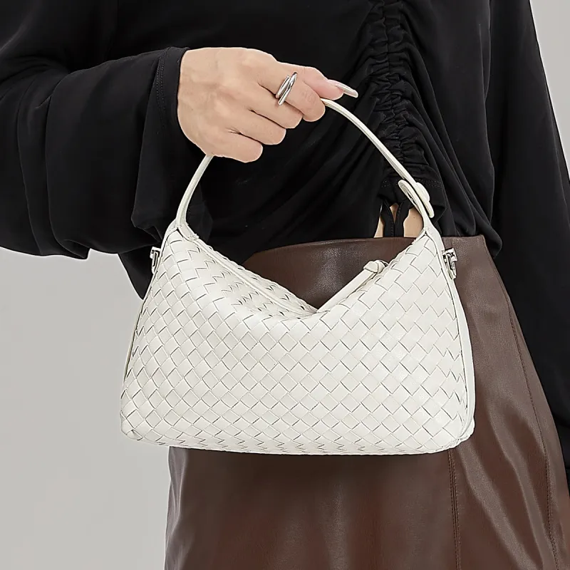 ST&SAT Cow Leather Shoulder Bag Crossbody Bag Handbag Woven Bag Large Size Women's Ecru-18