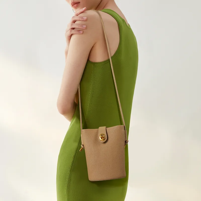 ST&SAT Cow Leather Bucket Bag With Cell Phone Pouch Crossbody Bag Shoulder Bag Regular Women's Khaki/Apricot/Ecru/Black-4